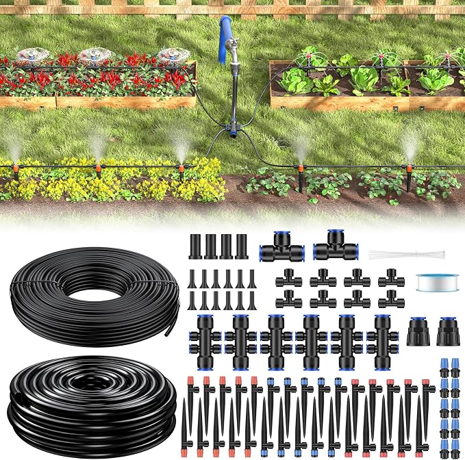 Pawfly 230 ft Quick Connect Drip Irrigation Kit, Drip Irrigation System for Garden Watering System with 1/2" (33 ft) & 1/4" (197 ft) Tubing and Accessories Garden Irrigation System for Greenhouse Lawn