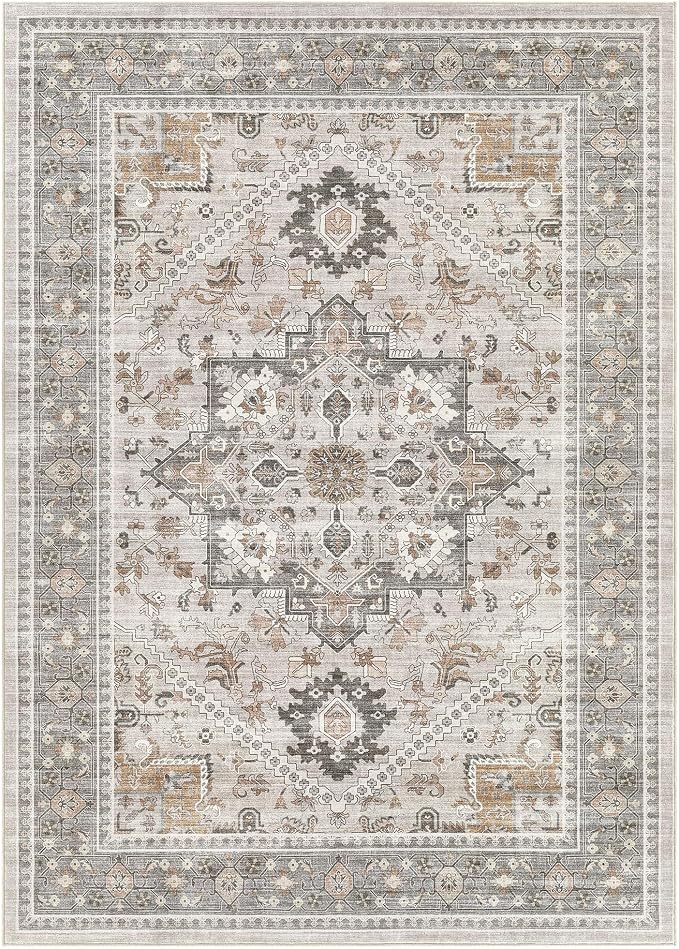 Washable Area Rug-5X8 Vintage Neutral Soft Taupe | Non Slip Thin Foldable Large Floor Carpet for Living Room Bedroom Kitchen Dining Room Home Office Farmhouse Indoor