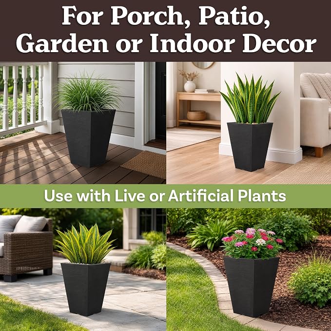 Large Outdoor Planters 2-Pack - 13.75-Inch Tall Planters for Outdoor Plants or Indoor Pots for Plants - Plastic Flower Pots for Patio, Entryway, or Front Porch Decor by Pure Garden (Gray)