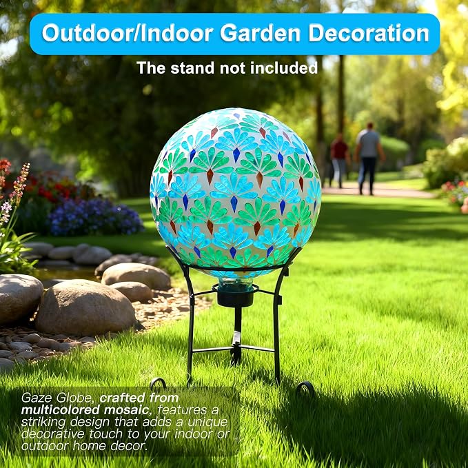 SAVENNA Mosaic Garden Gazing Ball 10 Inch, Glass Decorative Sphere for Indoor & Outdoor Garden, Patio, Home & Yard, Blue & Green Leaf Pattern