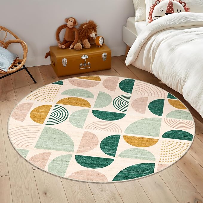 Round Rugs 5ft,Circle Area Rug Washable Non Slip Modern Abstract | Circular Rugs for Bedroom Living Room Dining Room Boho Throw Carpet Soft Low Pile Floor Indoor Bohemian Sage Green