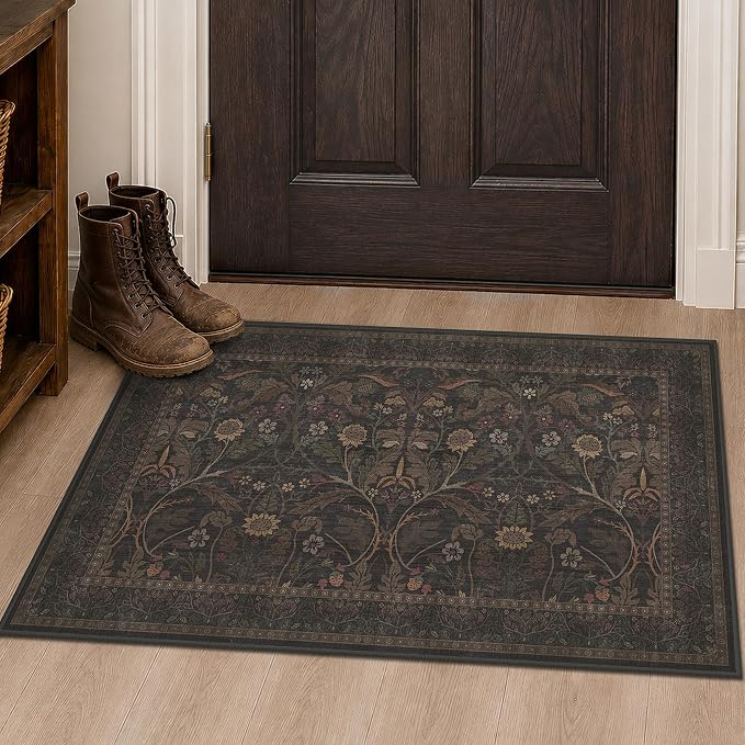 Dark Brown 2x3 Washable Entry Rug, Throw Small Rugs for Entryway Kitchen Bathroom Indoor Door Mat, Farmhouse Floral & Botanical Door Mats, Low Pile Soft Stain Resistant Carpet