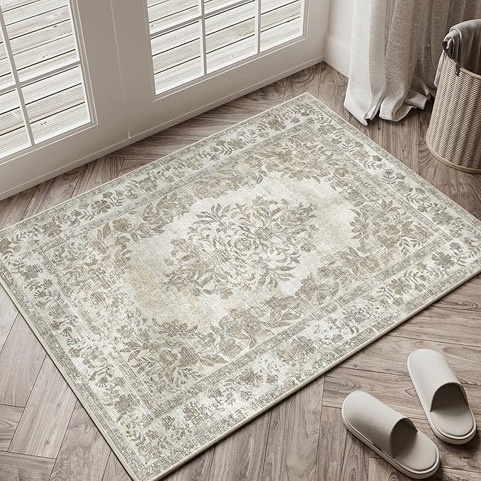2x3 Washable Area Rug Entryway Cream Beige Vintage Doormat | Soft Low Pile, Non Slip, Stain Resistant, Floral Medallion, Neutral Retro Decor for Kitchen, Bathroom, Bedroom, Office