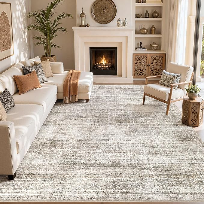 cotiled Boho 8x10 Area Rugs for Living Room: Large Moroccan Washable Rug | Solve Modern Neutral Trendy Home Decor - Stain Resistan Carpet for Bedroom Farmhouse Dining Room Brown Grey