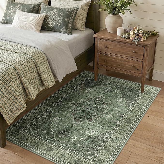RELEANY Washable Area Rug, 3'x5', Green/Dark Green/Gray | Non-Slip, Water Repellent, Pet Friendly, Easy to Clean, Vintage Floral Boho Decor for Living Room Bedroom Beside Kitchen