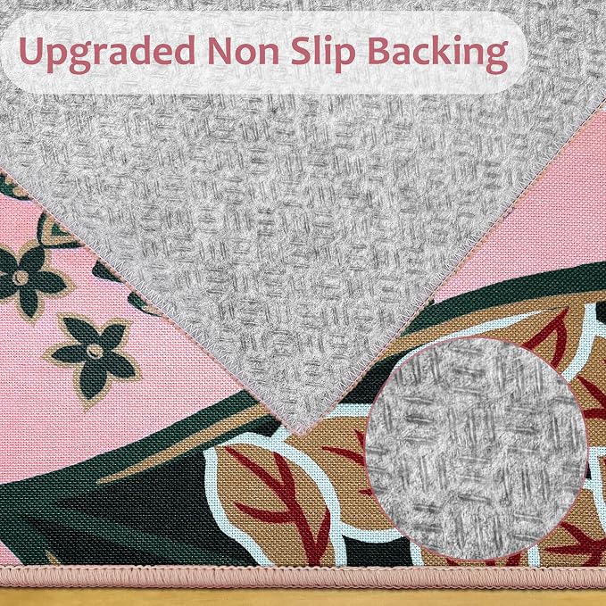 Tyrot Pink Boho Floral Living Room Rug, 5x7 Rug Washable Botanical Butterfly Area Rugs Flat Woven Ultra-Thin Non Slip Low Pile Carpet for Bedroom, Dining Room, Office, Kids Room