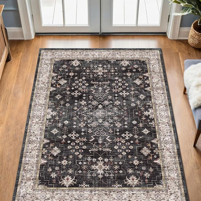 Black Boho Washable Entry Rug, 3x4 Rugs for Entryway Kitchen Bathroom Door Mat Indoor Entrance, Non Slip Rubber Backing, Stain & Fade Resistant, Ashen Charcoal Floral Design