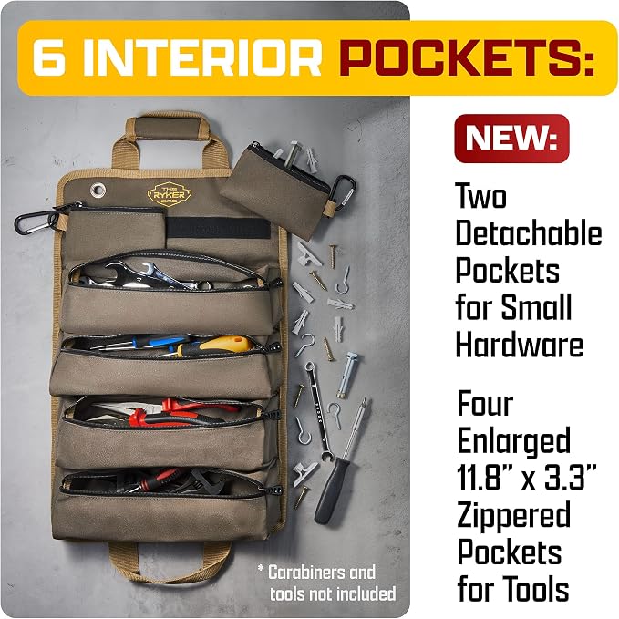 Ryker Original Heavy Duty Roll Up Tool Bag Organizer w/Detachable Pouches | Tool Roll Up Bag Dad Gifts for men / him. Portable Truck & Motorcycle accessories. Mechanic & Electrician Rollup Tools Bags