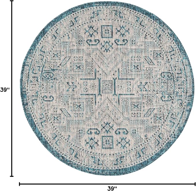 Unique Loom Outdoor Aztec Collection Area Rug - Coba (3' 3" Round, Teal/ Ivory)