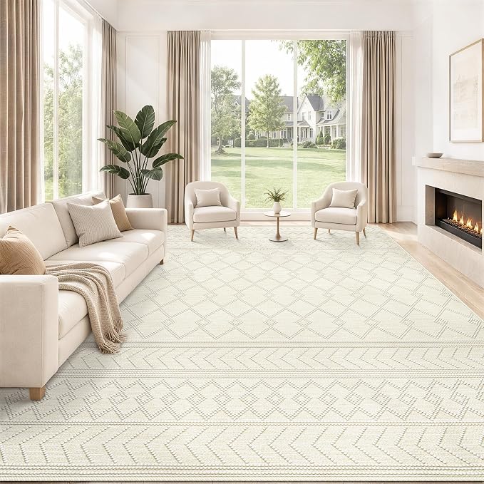 9x12 Area Rug For Living Room, Washable Beige Rugs Non Slip Low Pile | Neutral Large Soft Rug，Modern Geometric Carpet For Bedroom Dining Room Home Office Decor rug