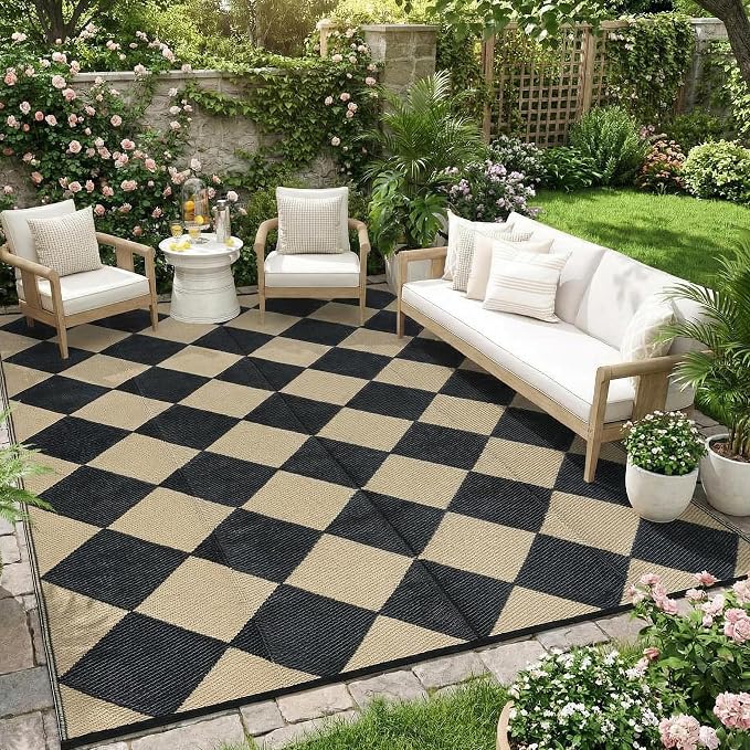Garvee 8x10 Outdoor Rug Waterproof Plastic Straw Rug Outdoor Patio Rugs Reversible Mat Easy Clean Foldable Lightweight Large Area Rugs for Patio Porch Backyard Camping RV Beach Balcony Checkered Beige