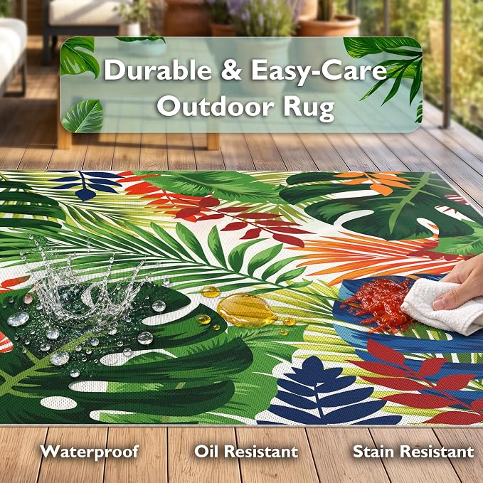 Arenarug 4x6 Monstera Tropical Outdoor Rug – Waterproof Non-Slip Machine Washable Patio Rug, UV & Stain Resistant Outdoor Carpet for Patio Deck Balcony Backyard, Colorful
