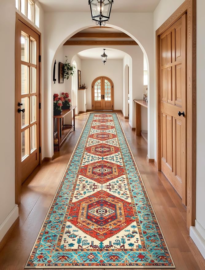 SERISSA 2'6"x18' Washable Non Slip Boho Runner Rug for Hallway，Orange | Ultra Soft Vintage Oriental Carpet Low-Pile Tribal Floor Carpet for Kitchen Bedroom Entryway Bathroom Laundry Room