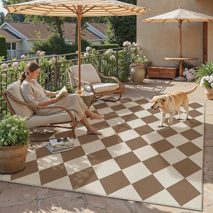 PureCozy 6x9 Checkered Chevron Pattern Area Rug for Living Room Large Checkerboard Washable Indoor Outdoor Carpet Farmhouse Patio Office Mat Geometric Non Slip Brown Carpet for Backyard Dining Room