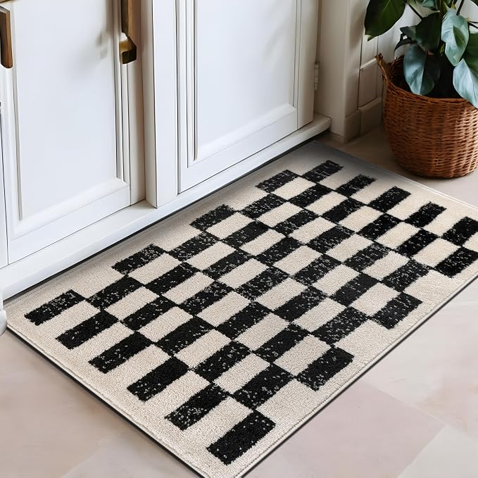 Rugshop Contemporary Checkered Grid Contrast Area Rug Soft Black 2' x 3' | Rectangular, Size 2' x 3', Living Room, Bedroom, Dining Room, Home Office, Kitchen, Entryway, Hallway, Nursery, Kids Room
