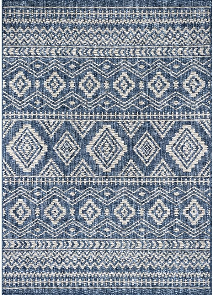 Beverly Rug Waikiki Boho Indoor Outdoor Rug 9x12, Washable Outside Carpet for Patio, Deck, Porch, Bohemian Area Rug, Farmhouse Rugs, Aztec Tribal Rug, Azure and White