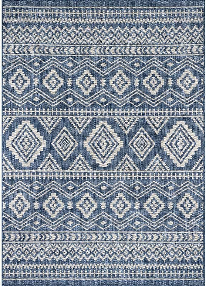 Beverly Rug Waikiki Boho Indoor Outdoor Rug 10x14, Washable Outside Carpet for Patio, Deck, Porch, Bohemian Area Rug, Farmhouse Rugs, Aztec Tribal Rug, Azure and White