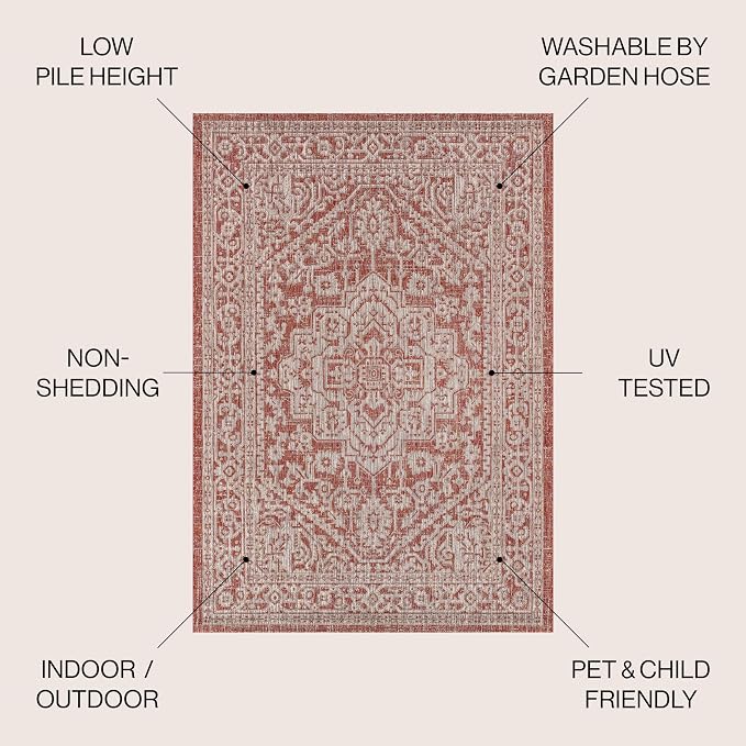 JONATHAN Y Medallion Weave Indoor Outdoor Round Area Rug 5 Ft Red/Taupe, Sinjuri Textured for Backyard, Patio, Porch, Easy-Cleaning, High Traffic, Pet-Friendly, Non-Shedding (SMB101A-5R)