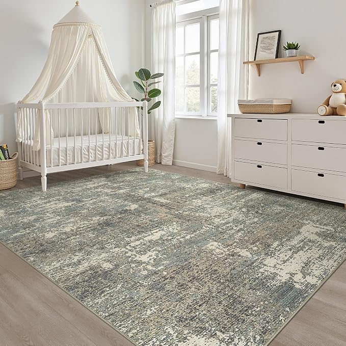 LOONGRUG 9x12 Area Rug Washable Neutral Modern Living Room Rug Green Brown | Abstract Soft Stain Resistant Indoor Non-Slip Carpet for Bedroom Nursery Kids Office Playroom Dining Room