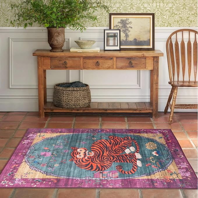 Tiger Rug Washable 3x5 ft Oriental Traditional Animal Print Vintage Fuchsia Floral Tibetan Rugs for Bedroom Kitchen Living Room Indoor Entryway