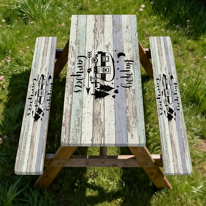 Picnic Table Cover with Bench Covers Elastic Edges, Outdoor Patio Camping Essentials 96 Inch 3PCS, Wooden Camper Fitted Table Cover, Waterproof Rectangle Tablecloth with Drawstring Bag,RV