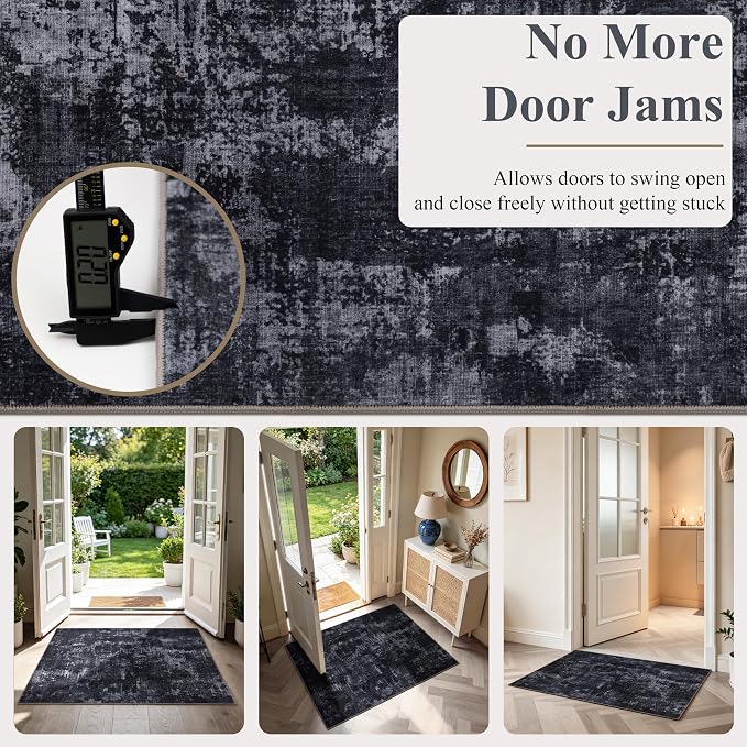 Sasttie 3x5 Entryway Area Rug, Modern Abstract Small Carpet, Black & Grey | Machine Washable, Ultra-Soft Faux Wool, Non-Slip, Low Pile, Throw, Thin, for Entrance, Door-Mat, High-Traffic Areas