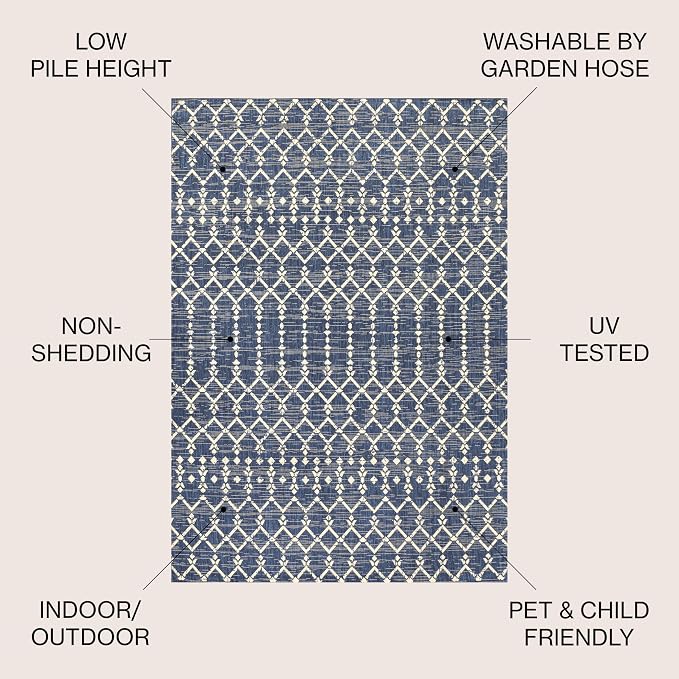 JONATHAN Y Moroccan Geometric Indoor Outdoor Area Rug 8X10 Navy/Beige, Ourika Textured Weave for Backyard, Patio, Porch, Easy-Cleaning, High Traffic, Pet-Friendly, Non-Shedding (SMB108K-8)