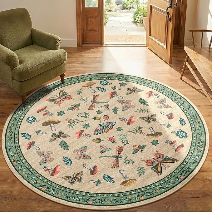Mushroom Insect 8ft Round Rug Washable Non-Slip Soft Ultra-Thin Large Boho Circle Carpet for Entryway Kitchen Bedroom Nursery Dining Room Khaki Green