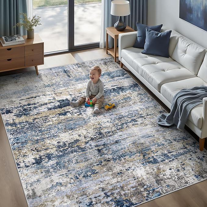 pmtsns Area Rugs 5x7 for Living Room: Washable Rug Modern Abstract Neutral Soft Non-Slip Low-Pile Indoor Carpet for Bedroom Dining Room Playroom Home Office (Blue Grey Brown, 5'x7')