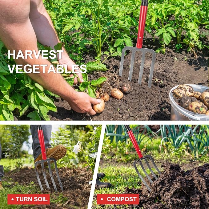 4-Tine Forged Garden Fork Digging Forks with Fiberglass Handle 43 in | Heavy Duty,For Gardening, For Hay, For Digging Potatoes,Pitchfork