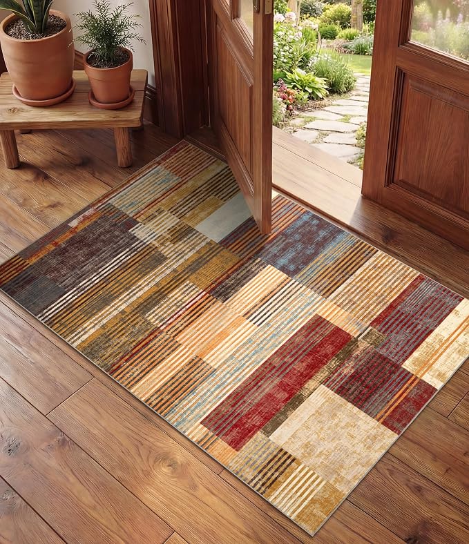 Brown Entryway Rug 2x3, Small Burnt Orange Area Rug, Vintage Welcome Mats for Front Door, Farmhouse Kitchen Rugs Washable, Geometric Area Rug for Indoor Entrance, Beige Boho Rugs for Entryway
