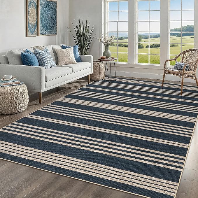 Garvee 5x7 Area Rugs Easy Jute Washable Rugs Living Room, Navy | Modern Line Print Area Rug Stain Resistant Easy Cleaning Throw Rugs Non Shedding Low Pile Floor Cover for Nursery Dining Room