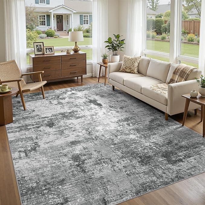 UERMEI 10x12 Area Rug for Living Room - Washable Neutral Modern Abstract Carpet, Non-Slip Soft Large Indoor Floor Rugs for Bedroom Home Office & Under Dining Table Decor, Grey Black