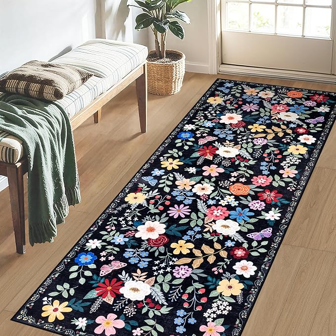 PLHXFR 2.6x8 Washable Runner Rug：Floral Indoor Kitchen Soft Carpet Black | For Hallway Bedroom Kitchen Laundry Bathroom Dorm,Vintage Floral,Machine washable,Non Slip,Stain Resistant,Indoor Floor