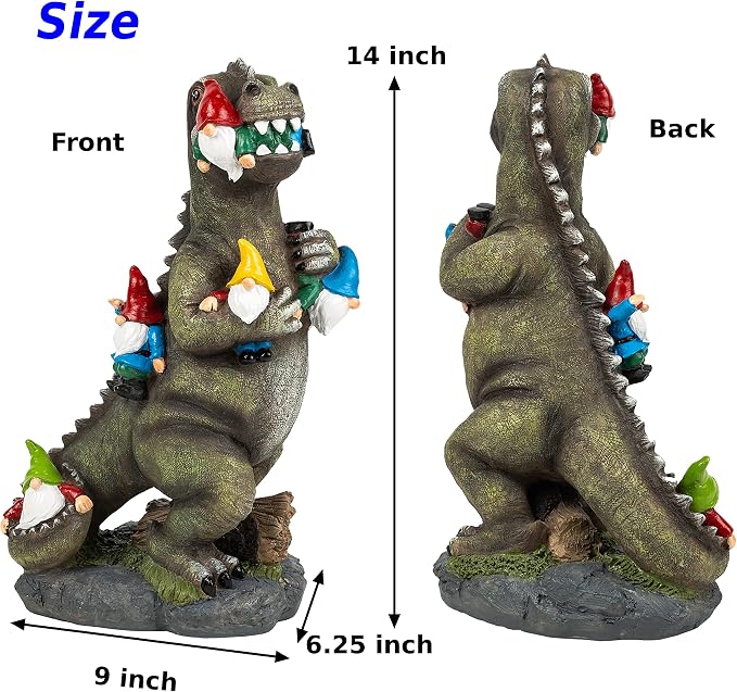Malister 14 Inch Dinosaur Gnomes Garden Statues for Fall Winter Garden Decor, Gnomes Statues Outdoor Decor, Outdoor Statues for Patio, Lawn, Yard Decorations Outdoor, Dino Housewarming Garden Gifts