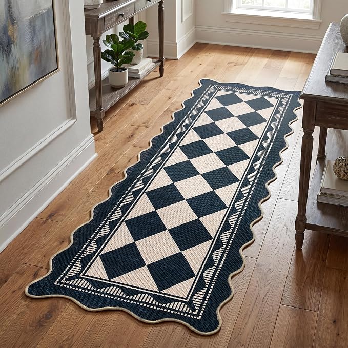 Garvee Easy Jute 2x6 Scalloped Kitchen Rugs Washable Rugs，Black/White | Indoor Outdoor Washable Rugs for Living Room Low Pile Floor Cover for Entryway Stain Resistant Indoor Carpet for Hallway