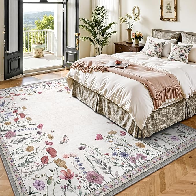 5x7 Area Rugs, Rugs for Bedroom, Indoor Non-Slip Washable Rug for Living Room, Dining Room, Low Pile Home Decor Floral Rug(Classic Beige)