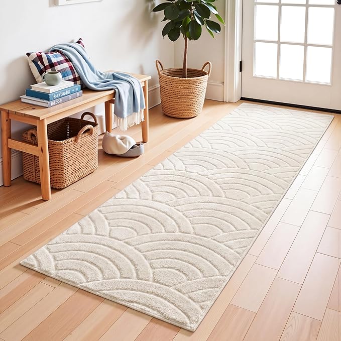 SHACOS Soft Fluffy Arch Waves Runner Rug for Bedroom, 2'x6' Cream | High-Low Textured Non Slip Washable Minimalist Modern Graphic Rainbow Carpet for Hallyway