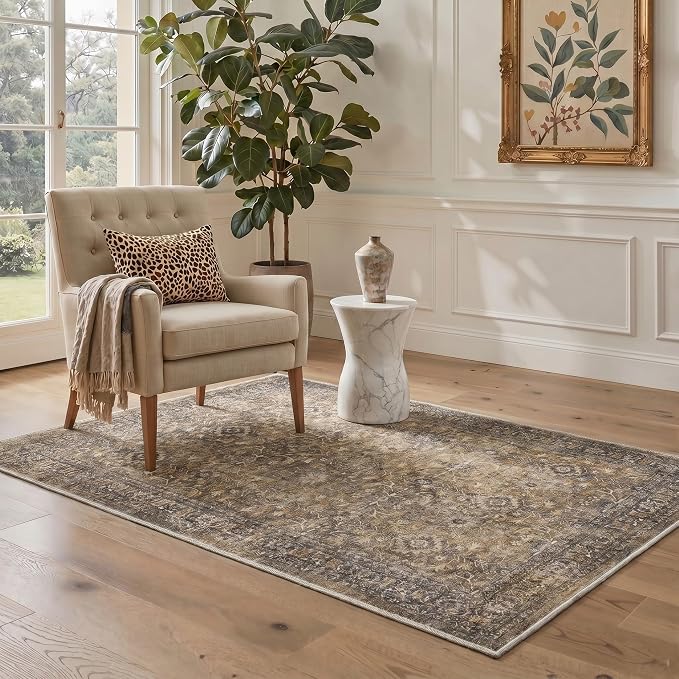 2X5 Washable Hallway Runner Rug, Boho Vintage Floral Non Slip | Dusty Taupe Floral Runner, Soft Faux Wool Rug for Corridor Kitchen Entryway, Stain Resistant, Pet-Friendly, Non-Shedding