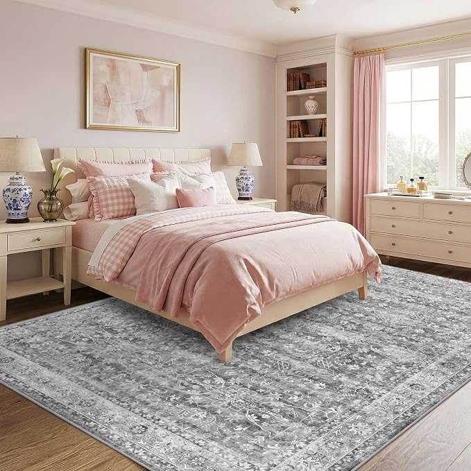Latte&Fog 8x10 Area Rugs for Living Room Netural Washable Large Grey Rugs | for Bedroom Dining Kitchen Kids Playroom Nursery Classroom Dorm Farmhouse Office, Non Slip Low Pile Soft Floral Carpet Indoor
