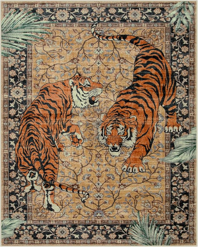 Moynesa Tiger 8x10 Area Rug, Washable Boho Rugs for Living Room, Vintage Large Soft Dining Room Rug, Non Slip Ultra Thin Stain Resistant Floor Carpet for Home Office Bedroom, Camel