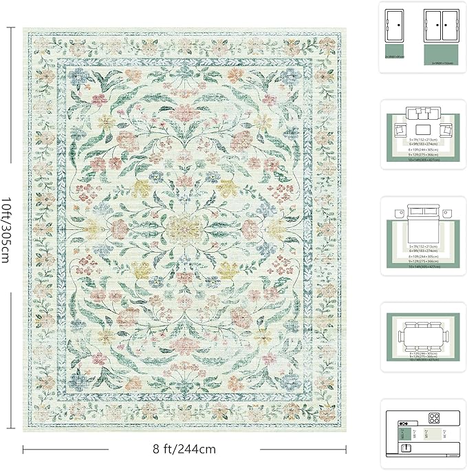8x10 Area Rugs, Machine Washable Low Pile Floral Rugs for Living Room, Bedroom, Large Boho Area Rug with Non-Slip Backing for Dining Room(Beige Bloom)