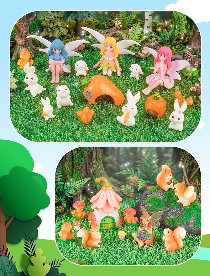 50-Piece Mini Fairy Garden Accessories Kit, Resin Fairy House (3.1" H) with 49 Miniature Figurines - Animals, Mushrooms and Fairies for DIY Terrarium, Planter, Flower Pot and Desktop Decor