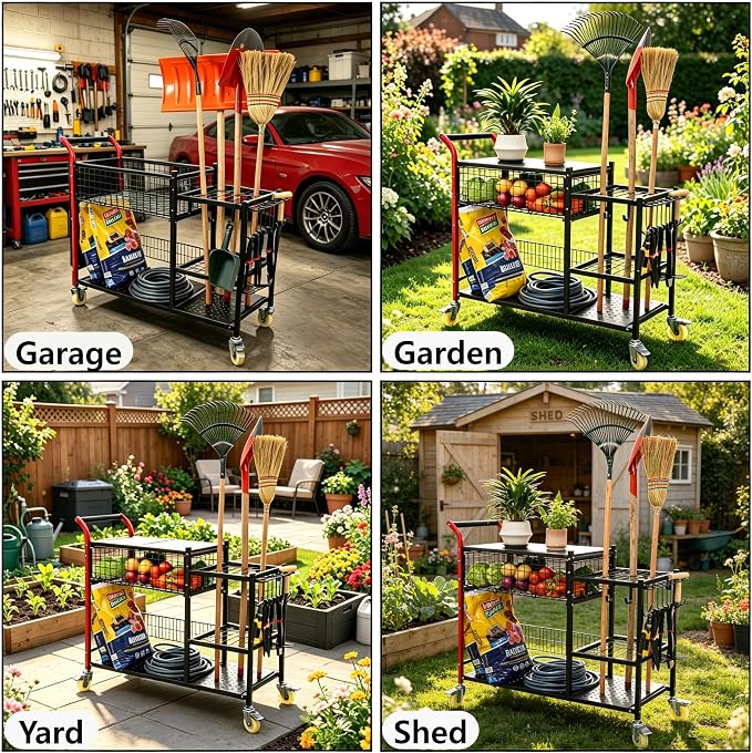 Anleolife 3-in-1 Garden Cart: Workstation, Harvest Basket & Tool Rack | 4IN swivel casters with brakes. Rust-resistant steel. Ideal for potting, transplanting, harvesting & tool storage