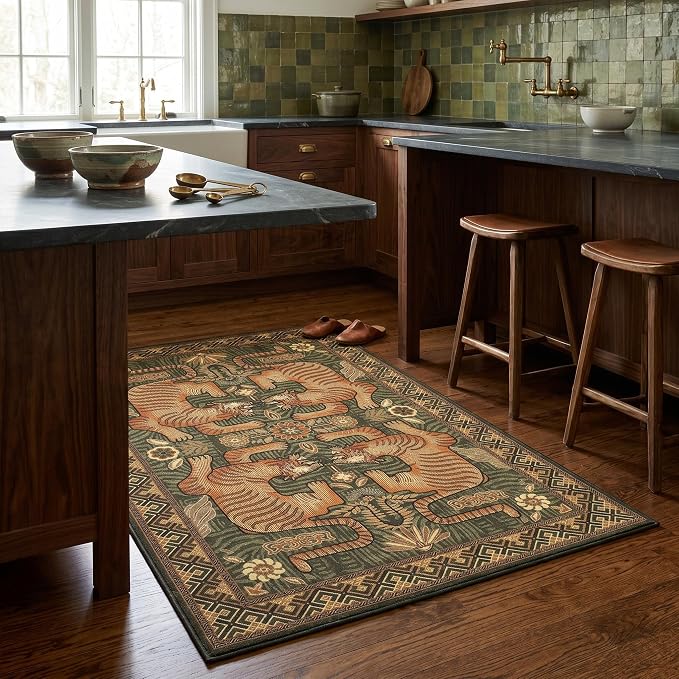 GarveeHome 3x5 Tiger Washable Rug Entryway Boho Bedroom Non Slip Vintage | Green Rug Low Pile Tribal Carpet Stain Resistant Throw Rug for Kitchen Dorm Kidss Room Office Dining Room