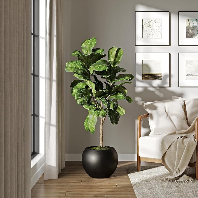 DTY Fiberstone Globe Planter Indoor Outdoor — Lightweight Sphere Ball Pot for Olive Tree, Monstera & Palm | Fiberglass Stone | UV Resistant, Drainage Hole | 2 Coco Mats | Black | 12.6" D × 10" H