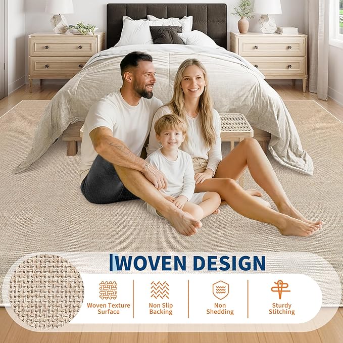 Garvee Large Area Rug 10x13 Modern Solid Washable Rug Non Slip Tan | Woven Textured, Ultra-Thin Neutral Minimalist Non-Shedding Floor Cover Indoor Foldable Mat for Living Room Bedroom Office