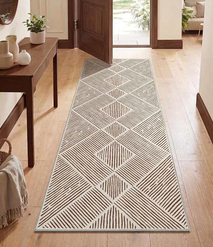 2‘x6' Washable Brown and Cream Runner Rug for Kitchen Hallway | Non-Slip, Low Pile, Stain Resistant, Farmhouse Tan Geometric Long Rug for Entryway Bedroom