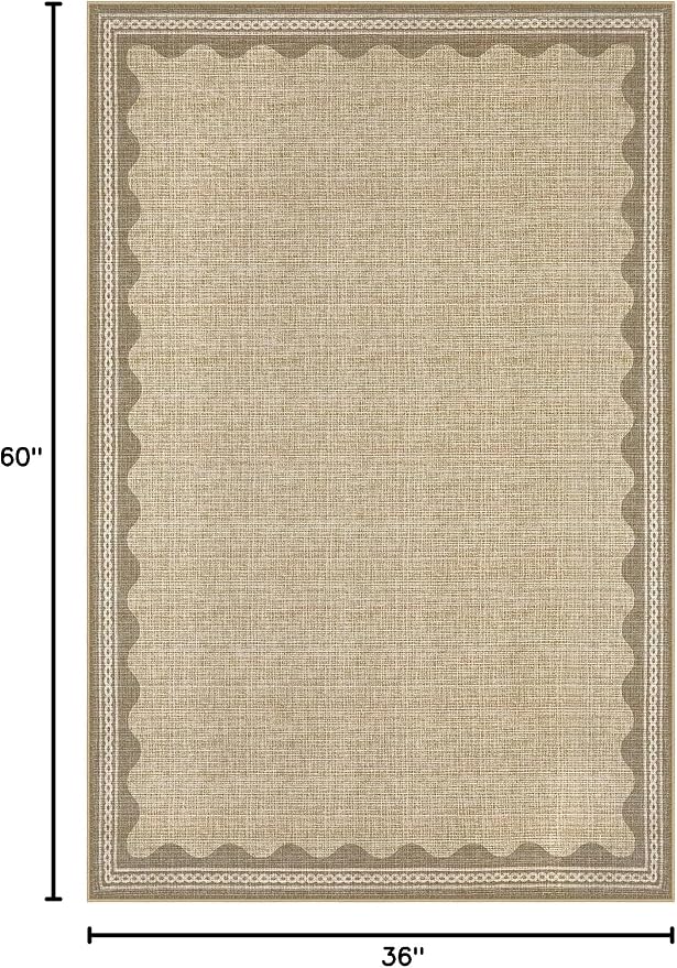 GarveeHome Scalloped 3x5 Rug Washable Non-Slip Low-Pile Indoor Rugs for Entryway Solid Tan Jute Digital Printing Modern Carpet for Kitchen Bedroom Living Room Bathroom Indoor Mat
