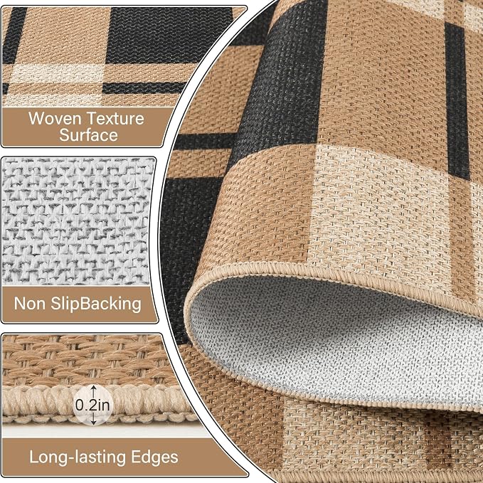 2x8 Checkered Jute Runner Rug for Kitchen Indoor Floor Area Carpet | Washable Jute Area Rug With Non-Slip Backing, Low-Pile Texture, Farmhouse Geometric Pattern In Neutral Brown/Black, Durable